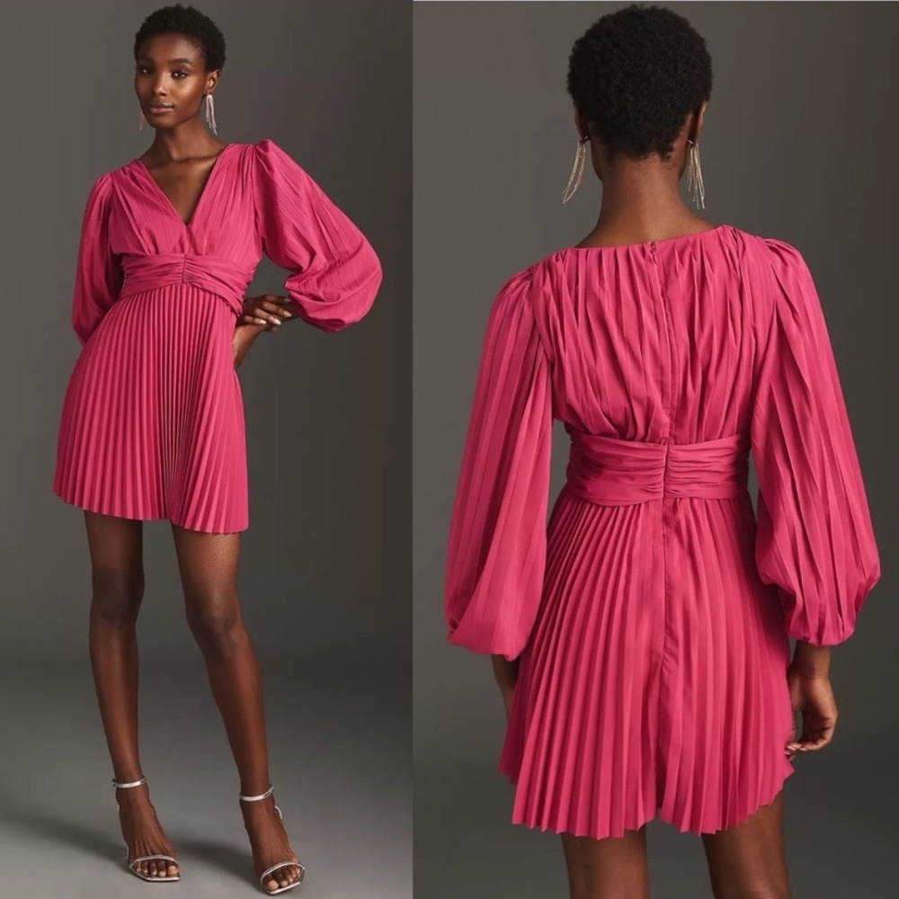 Aureta x Anthropologie Magenta Pleated V-Neck Bishop Sleeve Mini Dressโ Medium